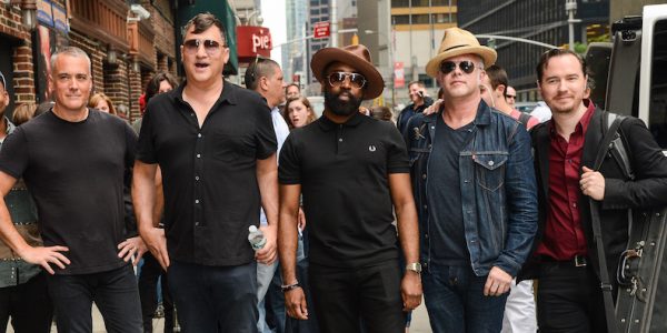 NEW YORK, NY - JUNE 04: (L to R) Afghan Whigs musicians John Curley, Greg Dulli, Steve Myers, Dave Rosser, and Rick Nelson leave the "Late Show With David Letterman" taping at Ed Sullivan Theater on June 4, 2014 in New York City. (Photo by Ray Tamarra/WireImage)